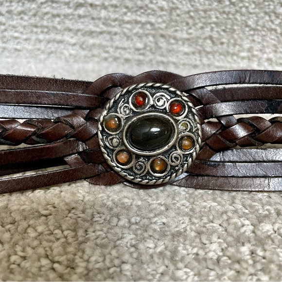 Vintage Dk Brown Braided Woven Concha's Stones Substantial Hardware Leather Belt - Picture 6 of 15